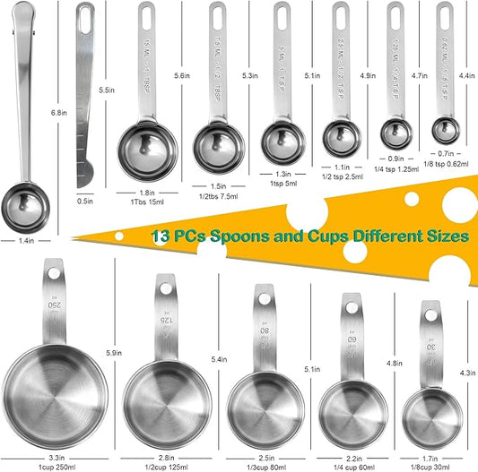 Measuring Cups & Spoons Set of 13, Stainless Steel 5 Nesting Measure Cups Set & 6 Measuring Spoons Set & 1 Leveler +1 Spoon Clip - Kitchen Baking Tools for Cooking.