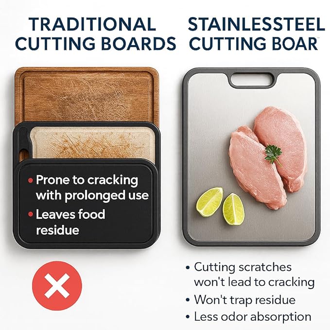 A premium Stainless Steel Cutting Board Ideal for Women and The Elderly, Metal Cutting Board 15"x10", Double-Sided Steel Chopping Board, Hygienic Non-Slip, Easy Clean Wheat Straw PP