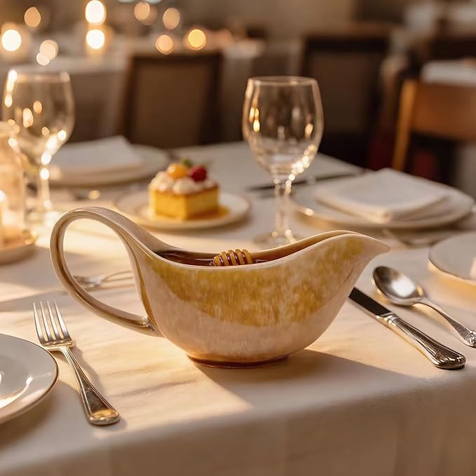 Gravy boat with drip-proof spout. 21-ounce large-capacity ceramic pitcher, perfect for holding sauces, gravy, and cream. Large handle, microwave safe, dishwasher safe. (yellow)