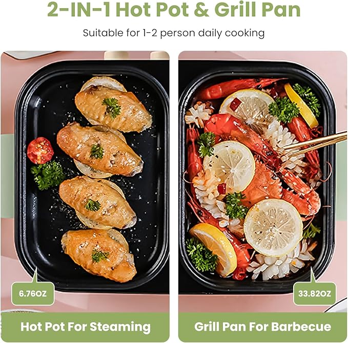 iMounTEK Electric Hot Pot with Grill 2-IN-1 Hot Pot and Frying Pan Portable Non-Stick Pot and Griddle Electric Cooker Pot with Glass Lid Fast Heating BBQ Steaks Noodles for 1-2 People Party