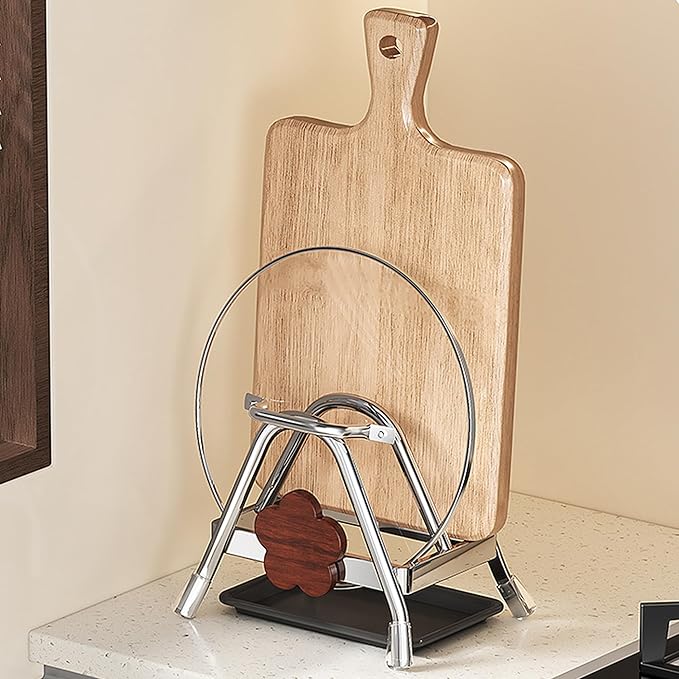 Cutting Board Rack - Double Layer Stainless Steel Chopping Board Pot Lid Holder Stand with Drain Tray, Stable Triangle for Kitchen Countertop Pan Plate Cutting Boards Cooking Mats Cookware