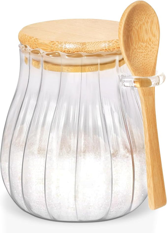 15oz Sugar Container with Bamboo Lid and Spoon,Sugar Bowl Glass Jar for Coffee Bar Accessories Coffee Canister Kitchen Decor (Medium)