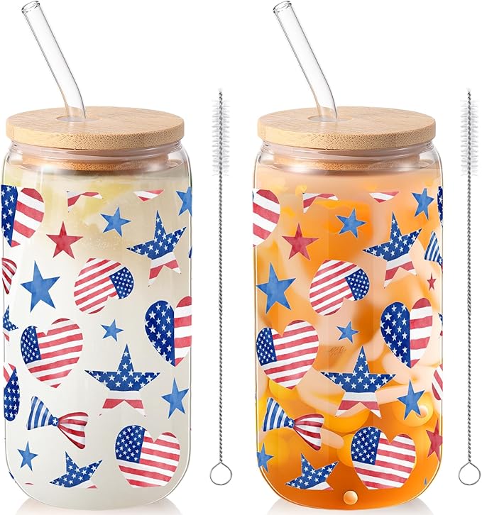 Sliner 2 Pcs Veterans Day Glass Cups 4th of July Tumbler Gifts Patriotic American Flag Star Iced Coffee Cup with Lid Straw Cleaning Brush 16 oz Red White Blue Drinking Glasses for Women