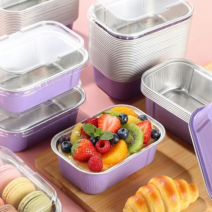 Vesici 100 Sets Mini Loaf Pans with Lids, 5.7 oz Disposable Aluminum Foil Baking Cups, Rectangle Cake Pans for Pudding Desserts Muffin Baking Storage Valentines Wedding Birthday Party(Purple)
