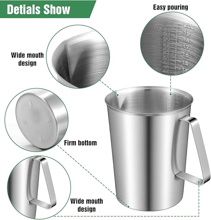3 Pcs Stainless Steel Measuring Cups Set Metal Pitcher with Handle and Pour Spout Marked Pitcher for Latte Art Kitchen Bar 16oz/32oz/64oz (2/4/8 Cup)