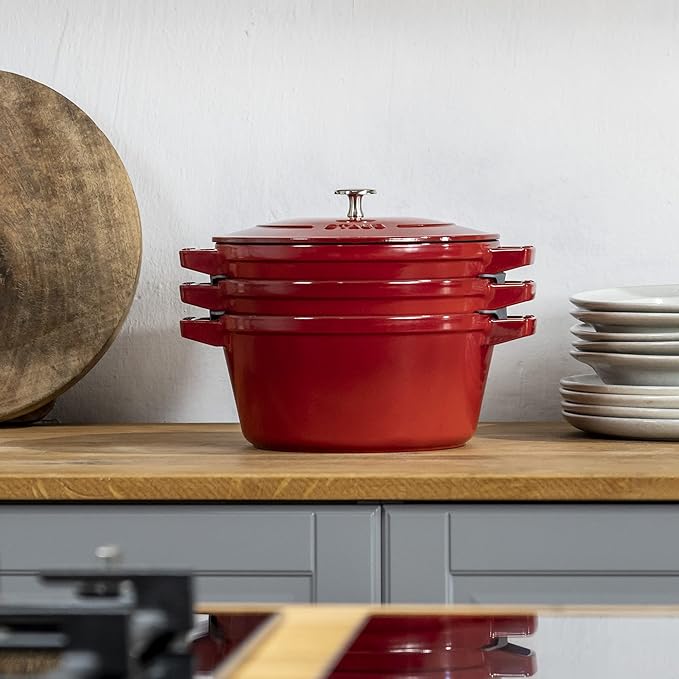 STAUB Cast Iron Set 4-pc, Stackable Space-Saving Cookware Set, Dutch Oven, Skillet, Grill Pan with Universal Lid, Made in France, Cherry
