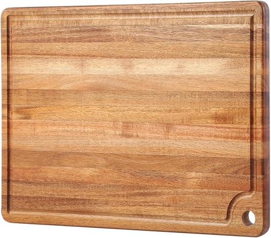 Large Acacia Wood Cutting Board for Kitchen - Caperci Better Chopping Board with Juice Groove & Handle Hole for Meat (Butcher Block) Vegetables and Cheese, 18 x 12 Inch