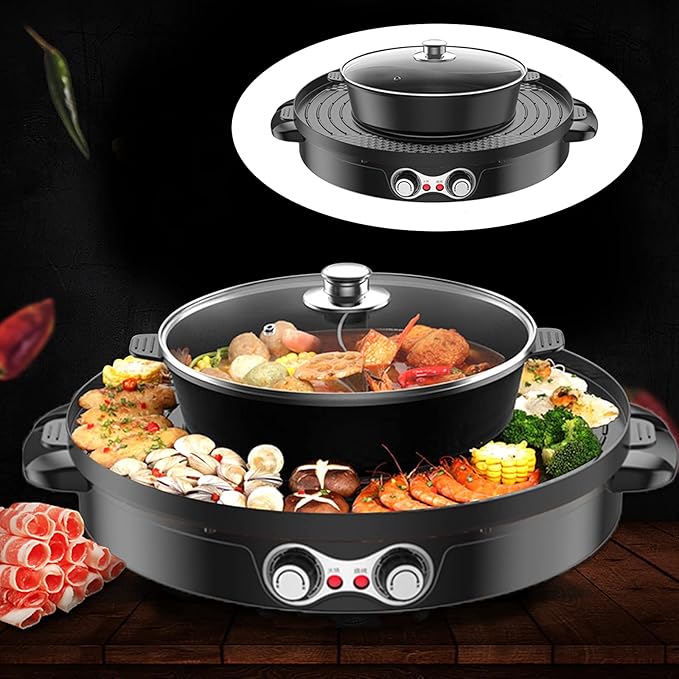 2 in 1 Hot Pot with Grill, 110V 2200W Electric Hot Pot, Barbecue Grill Pot Electric Shabu for Homes, Restaurants, Picnics