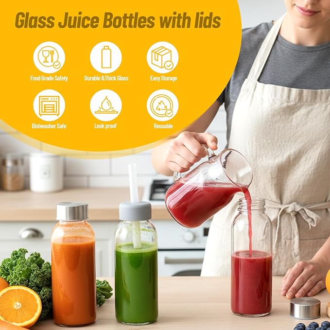 10 oz Clear Glass Bottle with Lid, Reusable Glass Water Bottles with Stainless Steel Cap & Straws for Juicing, Milk, Ginger & Smoothies, Refrigerator, Leak-Proof, Juice Containers Set of 10