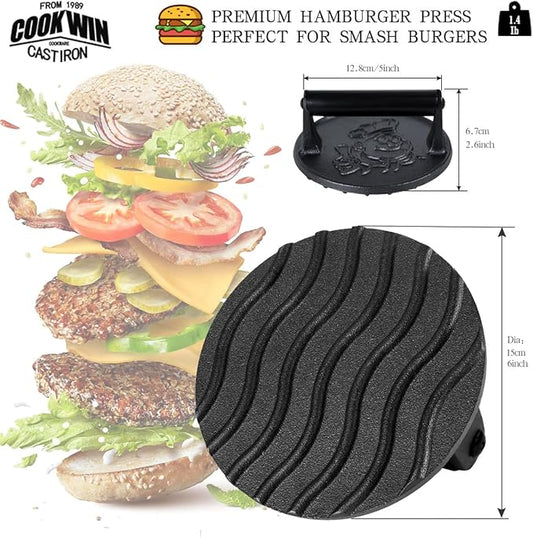 Heavy Duty Cast Iron Smashed Burger Press Kit, 6" Hamburger Smasher with Non-Slip Handles, Bacon Meat Weight Press for Steak, Smashburger, Grill and BBQs
