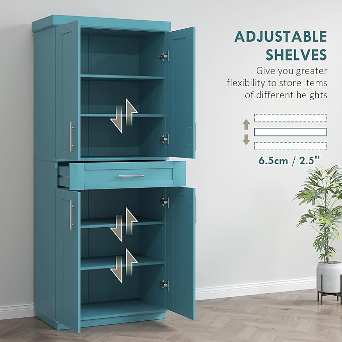 HOMCOM 72" Kitchen Pantry Cabinet, Freestanding Tall Storage Cabinet with 4 Doors, Drawer and 3 Adjustable Shelves for Dining Room, Turquoise