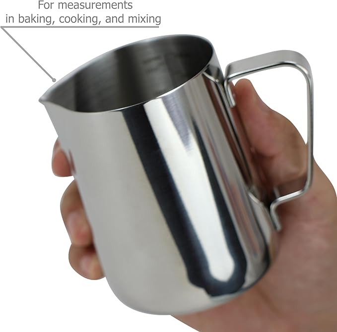 EIKS Stainless Steel Measuring Cup Steaming Pitcher Milk Frothing Jug with Handle, Pour Spout and ML/Ounce Scale (350ml)