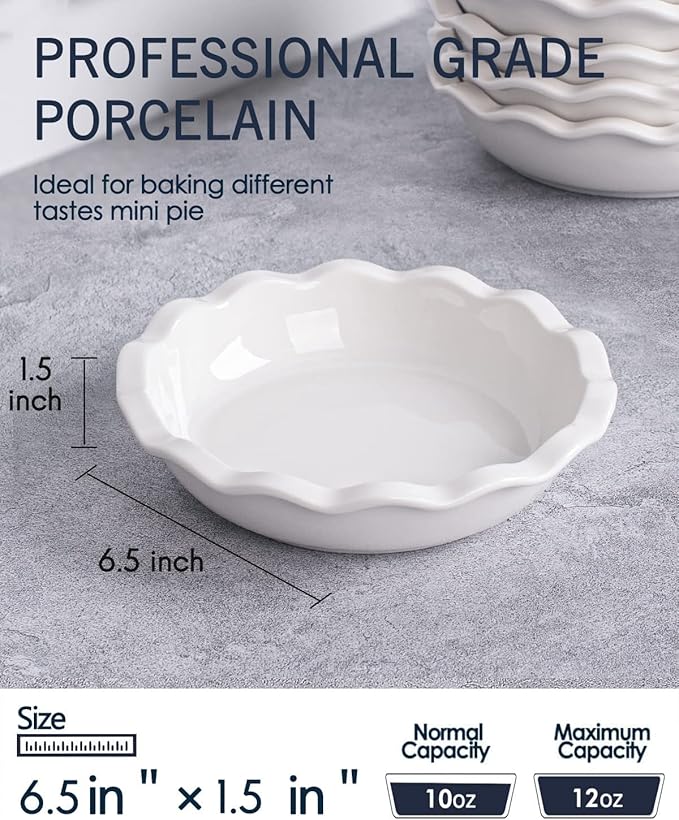 Taeochiy Ceramic Mini Pie Pans, 6.5 Inch Individual Small Pie Pans, 12 Oz Pie Dish Ramekins for Baking Chicken Pot Pie, Quiches, Fruit Pies, Set of 6, White