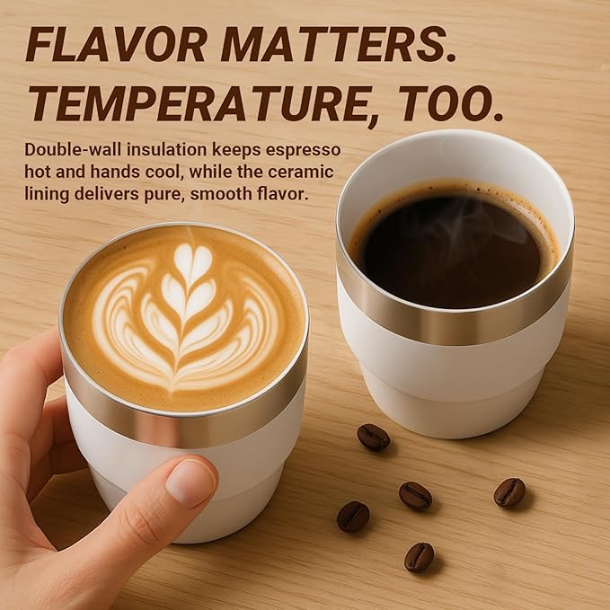 4 oz Small Espresso Cup, Ceramic-Lined 18/8 Stainless Steel, Double-Wall Vacuum Insulated, Stackable, Dishwasher Safe, Fits Most Espresso Machines, for Espresso Shots (White, 2 Pack)