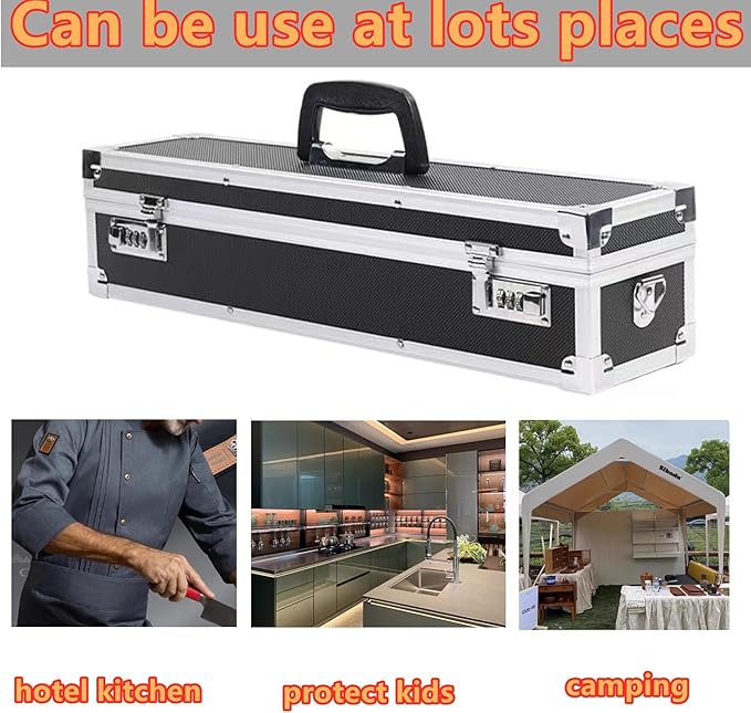 Flydoniso Chef’s Knife Case Aluminum Hard Case with Dual Combination Locks Cultery Carrier Portable Knife Organizer Block Holders Protectors With 8 Slots Can Hold Home Kitchen Knife Tools Up To 17.5”