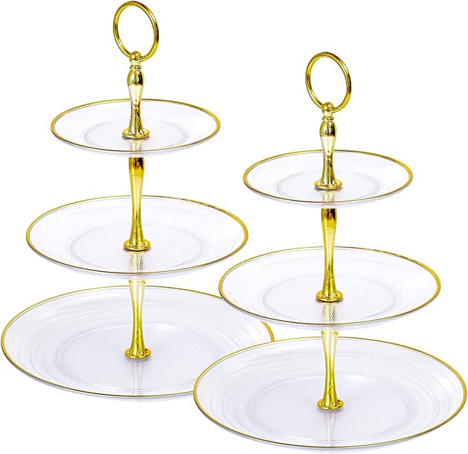 Soleebee 3-Tier Cupcake Stand, Round Plastic Tiered Serving Tray, Cup Cake Tower for Birthday Wedding Party Decoration, Cupcake Tier Stand Fruits Desserts Display 2 Pack (Clear Gold)