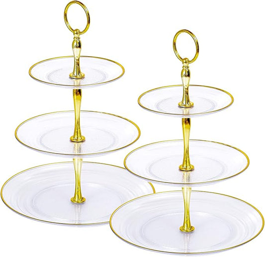 Soleebee 3-Tier Cupcake Stand, Round Plastic Tiered Serving Tray, Cup Cake Tower for Birthday Wedding Party Decoration, Cupcake Tier Stand Fruits Desserts Display 2 Pack (Clear Gold)