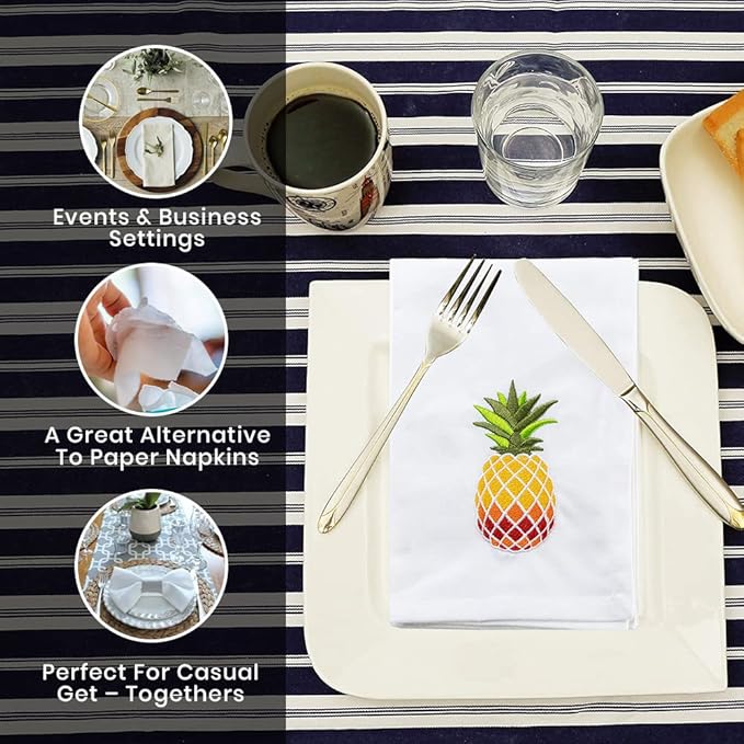 Pineapple Embroidered Cotton Dinner Napkins - 18x18 in Washable, Absorbent Reusable Napkins - Spring Easter Basket Decor - Pack of 6