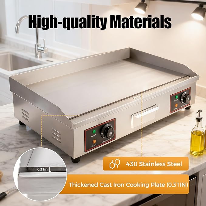 Commercial Griddle, 110V 3KW 30" Electric Griddle 430 Stainless Steel 110V Electric Blackstone Griddle&122°F-572°F Temperature Range Electric Flat Top Griddle for Snack Stores without Plug