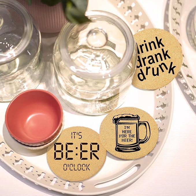 Coasters for Drinks with Holder Set of 6, Absorbent Cork Wood Coaster for Cup Desk Office Table Kitchen Decor House Warming Gifts for New Home Couples, Round 4"