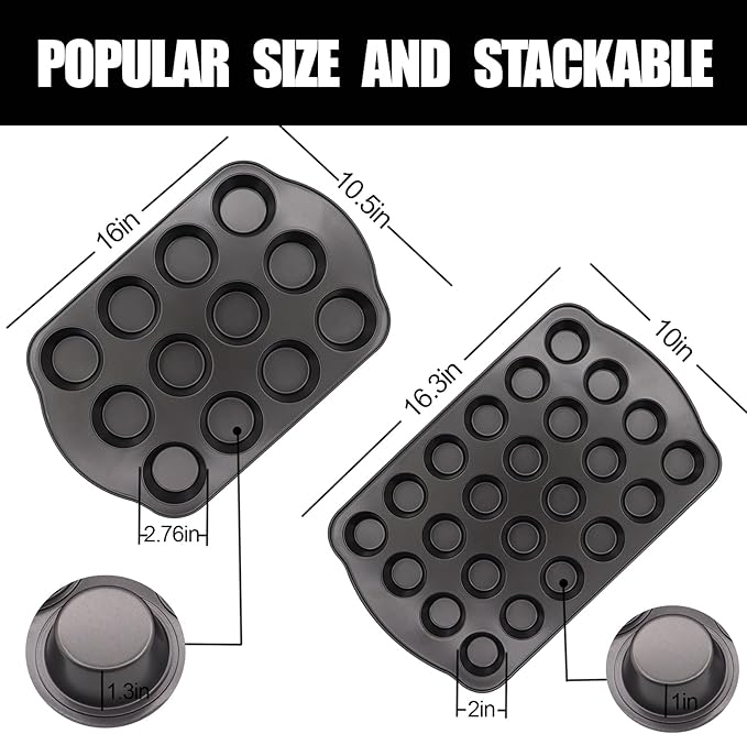 JOHO BAKING 12+24 Muffin Pan Set (2 Pack) - Nonstick Cupcake Tins Dark Gray | Heavy Duty Carbon Steel, Rustproof, Oven Safe Baking Gift