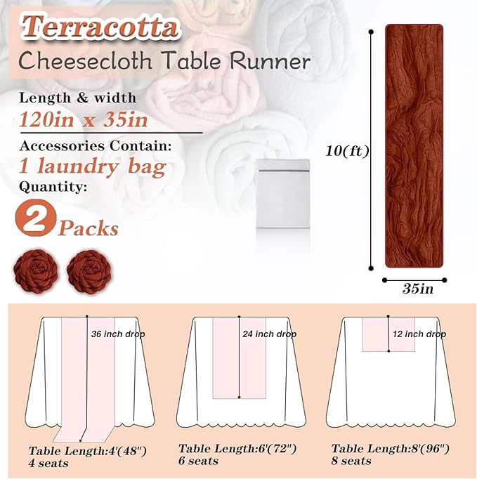 Terracotta Cheesecloth Table Runner 2 Pack 35" Boho Gauze Table Runner 120 inches Long Runner Rustic Sheer Fabric Bulk for Baby Shower Wedding Bridal Birthday Party Table Decorations