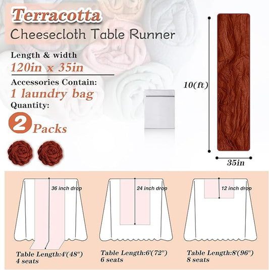Terracotta Cheesecloth Table Runner 2 Pack 35" Boho Gauze Table Runner 120 inches Long Runner Rustic Sheer Fabric Bulk for Baby Shower Wedding Bridal Birthday Party Table Decorations