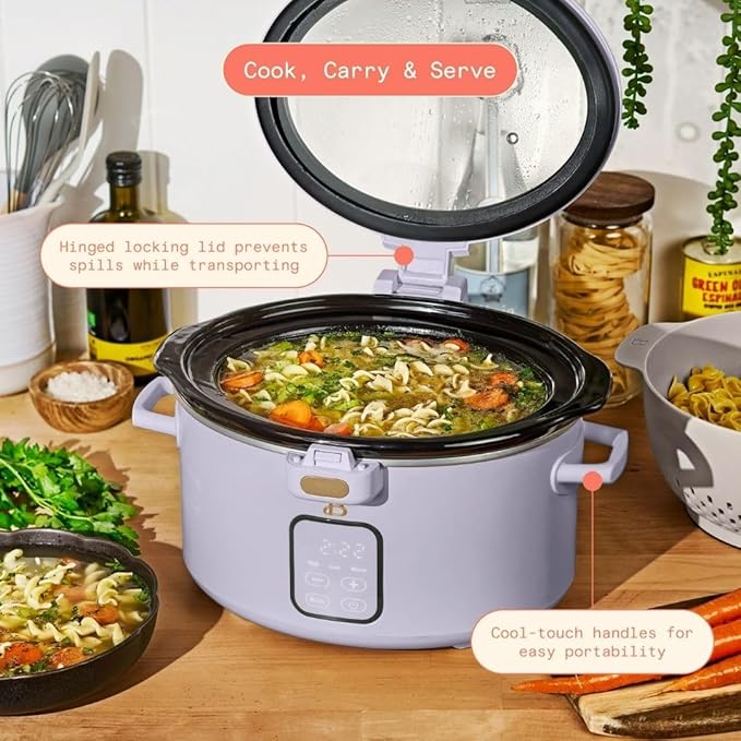 Beautiful by Drew 4.0-Quart Programmable Slow Cooker with Hinged Lid, Digital Timer, Keep Warm Function, Removable Stoneware Pot, Stainless-Steel Accents (Lavander)