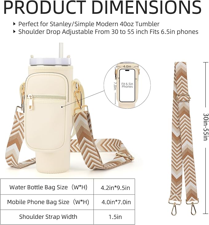 Water Bottle Carrier Bag for Stanley 40/30 oz Tumbler with Phone Pocket Neoprene Water Bottle Holder with Shoulder & Handheld Strap Stanley Cup Accessories