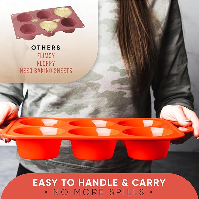 BAKE BOSS [2 PACK] Jumbo Muffin Pan, 3.5" Large Muffin Pan 6 Cup - Silicone Jumbo Muffin Tin for Baking BPA Free Non Stick - RED