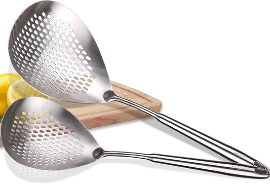 MARTE Skimmer Slotted Spoon,304 Stainless Steel Pasta Spider Strainer Ladle for Frying and Cooking, Set of 2 Colanders & Food Strainers，Kitchen Utensils Spaghetti Spoon with Heat-Resistant Handle