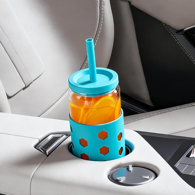 16 oz Glass Cups With Lids and Straws, 4-Pack Iced Coffee Cup - Smoothie Cup With Silicone Lid and Sleeve for Coffee Bar Accessory, Cute Drinking Glasses Set Reusable Glass Tumbler for Gifts