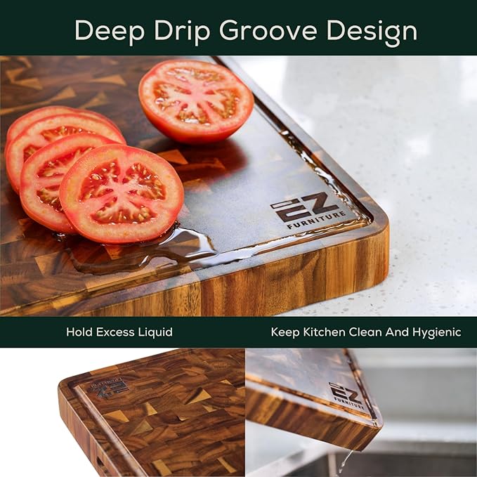 EZ FURNITURE Medium (M) Acacia Wood Premium Cutting & Serving Board, Knife Friendly, Pre-Oiled End Grain with Juice Groove & Handles, Non-Toxic (17"Lx13"Wx1.5"Th)