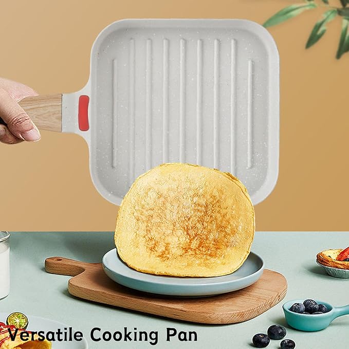 Grill Pan with Lid Non Stick Griddle Pan for Stove Top Indoor Cooking Steak Pan Square Aluminum Skillet Grilling Induction Compatible with Tong White 7.48 inches