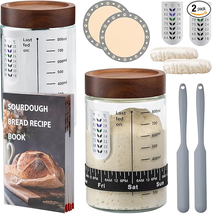 Sourdough Starter Kit,34oz Sourdough Starter Jar Glass with Sourdough Recipes Cookbook.Sourdough Bread Baking Supplies with Thermometer,Natural Wooden Lid, Anti-slip Mat,Sourdough Jar scraper (2 pack)