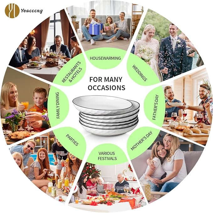 Yeacccng White Pasta Bowls Set of 6, 24oz Ceramic Salad Bowls, 8 inch Ceramic Bowls for Pasta, Salad, Oatmeal, Fruit, Chicken, Easy to Clean, Dishwasher & Microwave Safe, Scratch-Resistant, Lead-Free