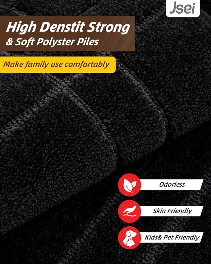 JSEI Kitchen Mats for Floor, Non-Slip Kitchen Rugs, Soft Washable Absorbent Kitchen Mats 2 PCS, Kitchen Runner Rug with TPR Backing, Polyester, 20"x32"+20"x48", Black