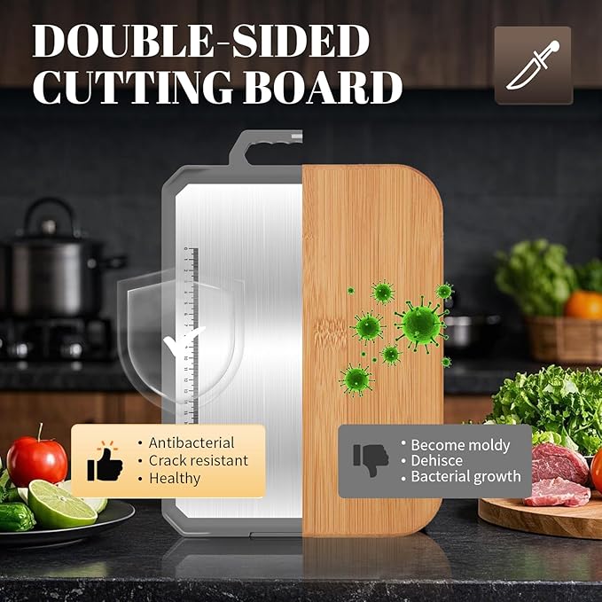 1PCS Stainless Steel Cutting Board, Double Sided Non Toxic Chopping Board for Kitchen, Food Grade, Easy to Clean, 17.2"*12" Large Size (1 side Stainless Steel Other side Wheat Straw PP)