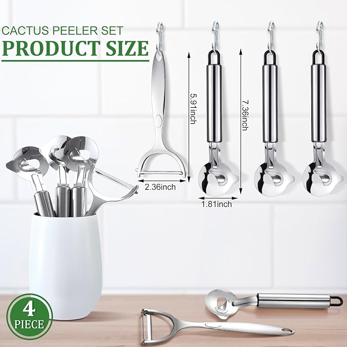 Lothee 4 Pcs Cactus Peeler Tools Stainless Steel Peeler Spoon and Paring Knife Long Handle Hole Slicing Noodle Cutter for Kitchen Gadget Accessories