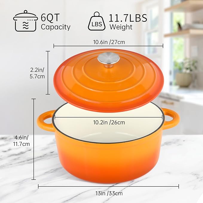 CookNexa 6 Quart Enameled Cast Iron Dutch Oven Pot with Lid, Oven Safe up to 500°F or on Stovetop, Non-stick Dutch Oven for Bread Baking, Cooking, Dual Handles Cookware, Orange
