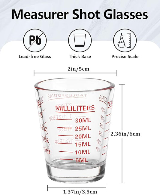 Measuring Cup Shot Glasses 2PACK Espresso Shot Glasses Liquid Heavy Glass 26-Incremental Measurement 1 OZ, 2 TBS, 6 TSP, 30 ML Kitchen Tools (Red)