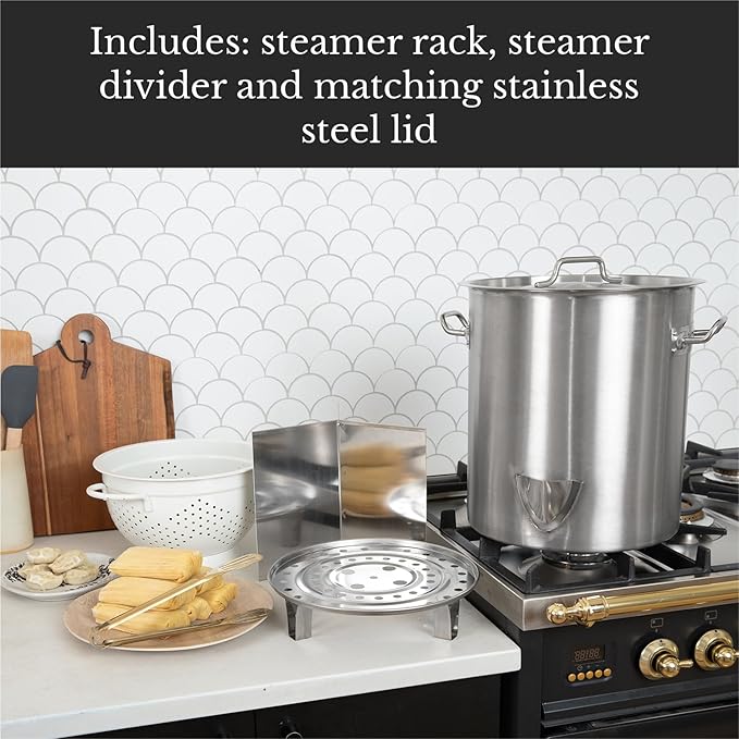 GasOne Stainless Steel Steamer – 40qt Steamer Pot for Cooking with Water Fill Spout, Rack, Divider – Steam Pot for Tamales and Crab Boil – Induction Ready