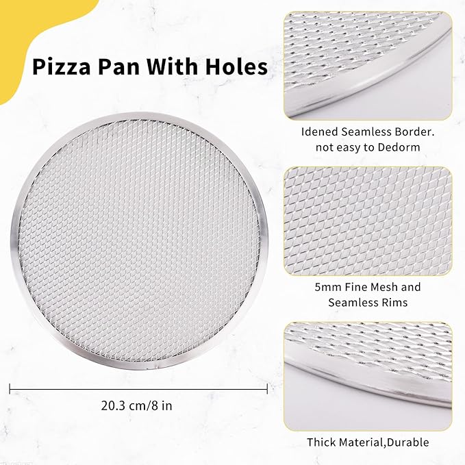 BUWUSMU 8 Pcs 8 Inch Pizza Pan with Holes Aluminum Mesh Pizza Screen Seamless Round Mesh Pizza Tray for Oven Nonstick Baking Pizza Sheet for Home Kitchen Bakery Restaurant BBQ Party Cookware Supplies