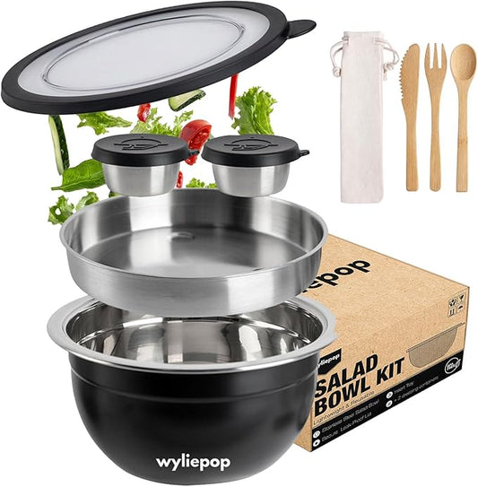 64oz Stainless Steel Salad Bowl Kit & 3Pcs Bamboo Cutlery Set with 2x Condiment Containers, Insert Tray, Bowl & Leakproof Lid - Salad Bowl To Go Lunch Portable Reusable