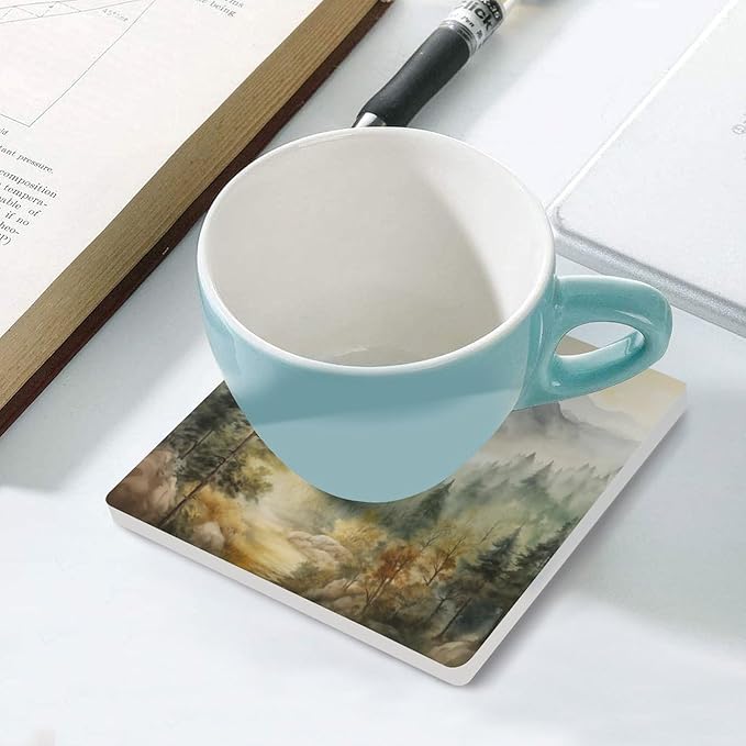 Forest Drink Coasters, Square Ceramic Drink Coaster Square-4PCS, Watercolor Mountain Forest Nature Tree Woodland Decor Absorbent Ceramic Coasters for Beverage Cup, Bar, Coffee Table