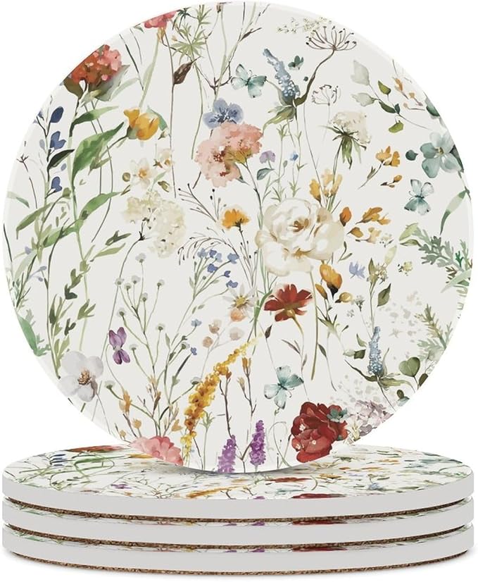 Round-4PCS Floral Drink Coasters, Round Modern Ceramic Absorbent Coasters, Watercolour Colorful Flower Herb Nature Plant Floral Decor Desk Coffee Table Coaster for Beverage Cup Tea Coasters