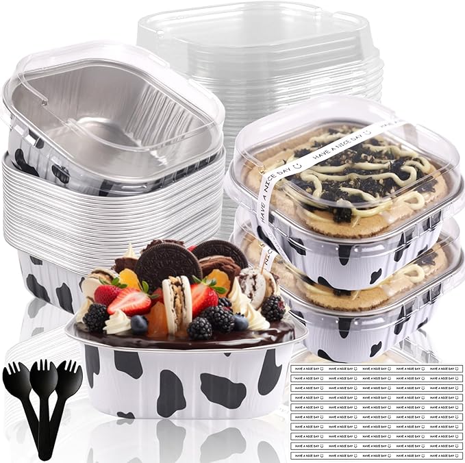 BZIDII 10oz Mini Cake Pans With Lids 50 Pack Aluminum Foil Square Brownie Baking Cups,4”x4” Disposable Loaf Pans With Lids and Spoons Stickers,Large Cupcake Pans Muffin Cake Tins Container(Cow Print)