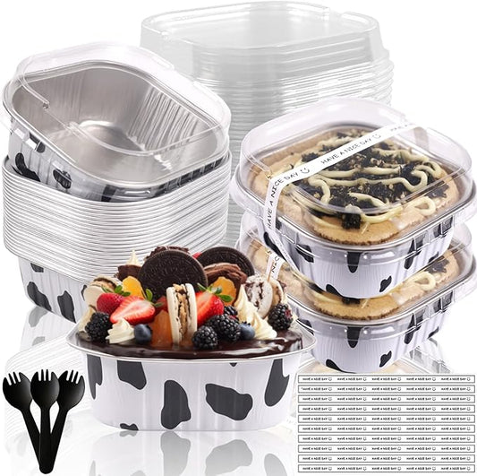 BZIDII 10oz Mini Cake Pans With Lids 50 Pack Aluminum Foil Square Brownie Baking Cups,4”x4” Disposable Loaf Pans With Lids and Spoons Stickers,Large Cupcake Pans Muffin Cake Tins Container(Cow Print)