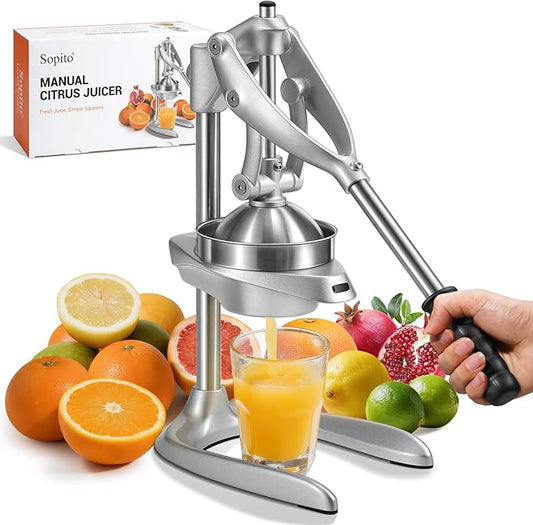 Manual Juicer, Sopito Heavy-Duty Effortless Orange Squeezer Safety Countertop Stainless Steel Hand Press Juicer for Citrus Lemon Lime Grapefruit, Easy to Clean