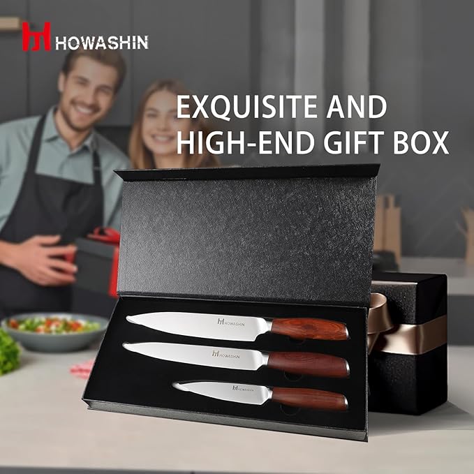 Professional Kitchen Knives High Carbon Stainless Steel Chef Knife Set,3PCS Ultra Sharp Japanese Knife with Sheath,Ergonomic Rosewood Handle Elegant Gift Box for Home or Restaurant